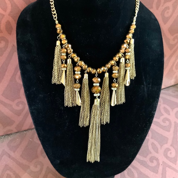 Two Stunning Golden Bronze NECKLACES Gold TASSEL  ⭐️GLASS FACETED BEAD - Picture 17 of 17